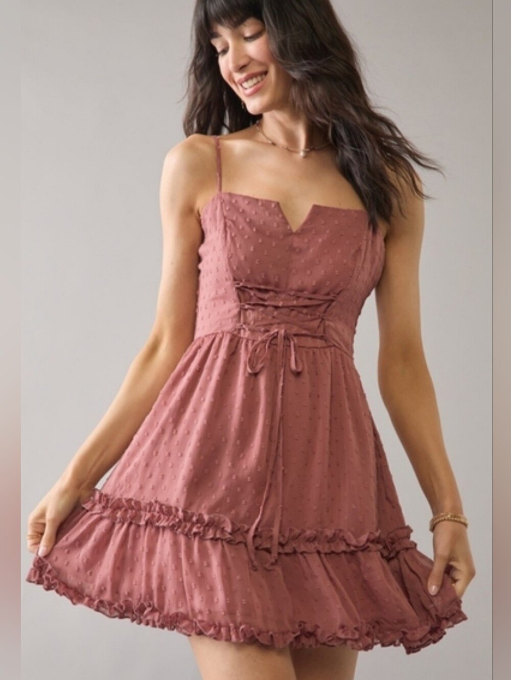 NWT. Francesca's Marina Mauve Darlene Clip Dot Corset Waisted Mini Dress